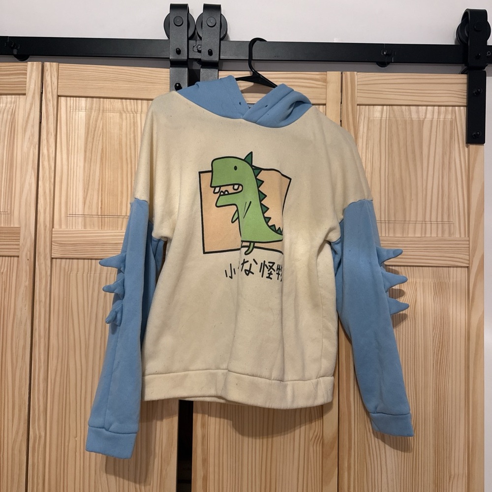 Kids Dinosaur Hoodie - Cream and Blue